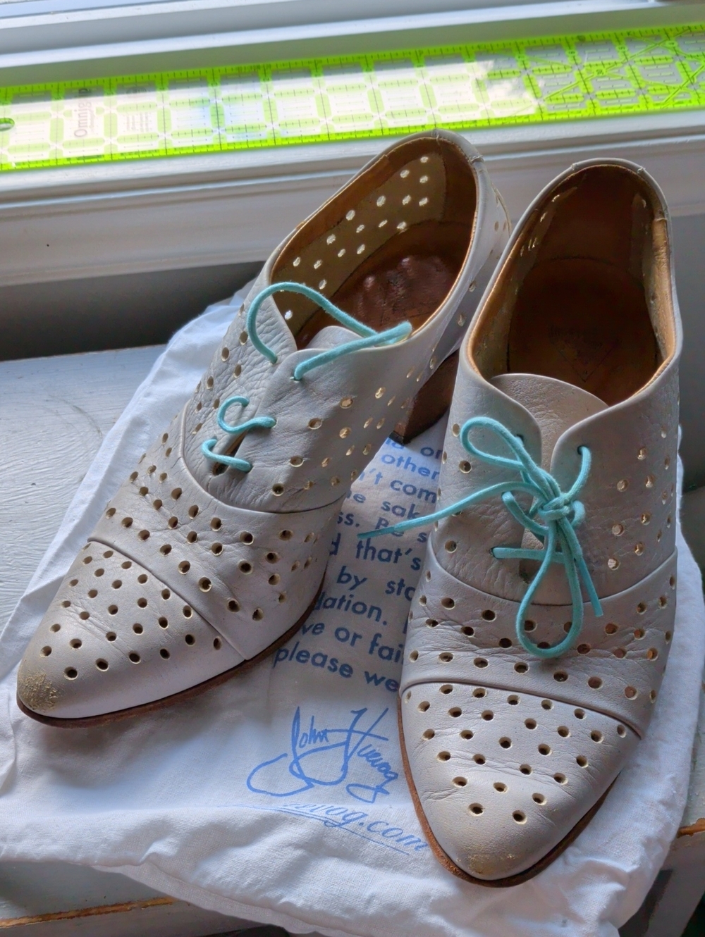 John Fluevog Audrey Leather Perforated Oxford Heels in White with Teal Laces